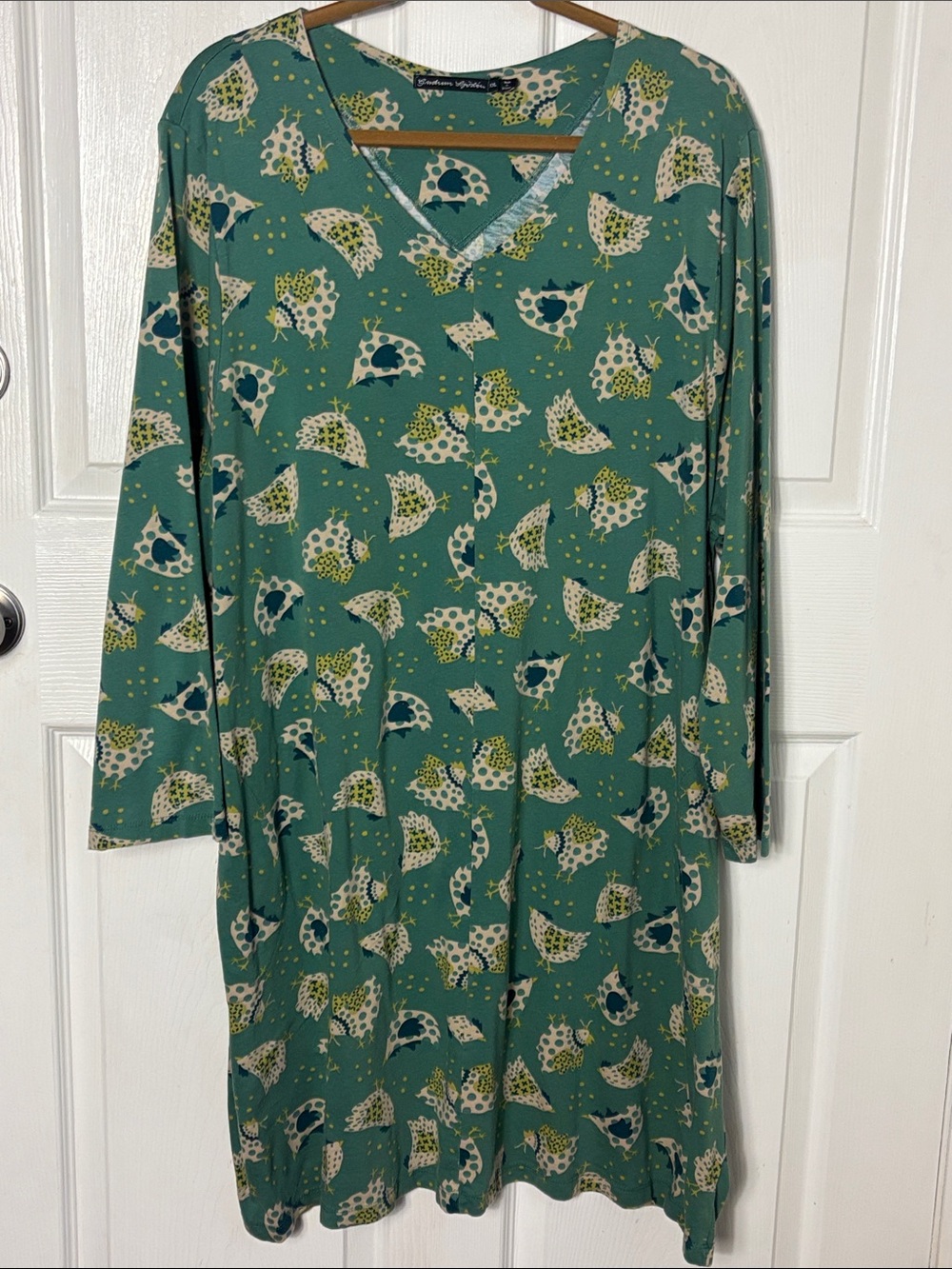 GUDRUN SJODEN Green CHICKEN Print V-Neck Tunic Dress size XXL Organic Cotton